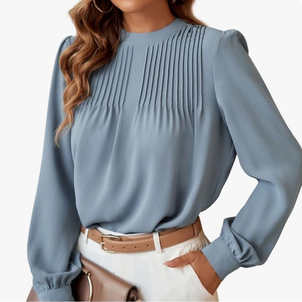 Women's High Neck Long Sleeve work shirt with bow tie back and pleated chiffon